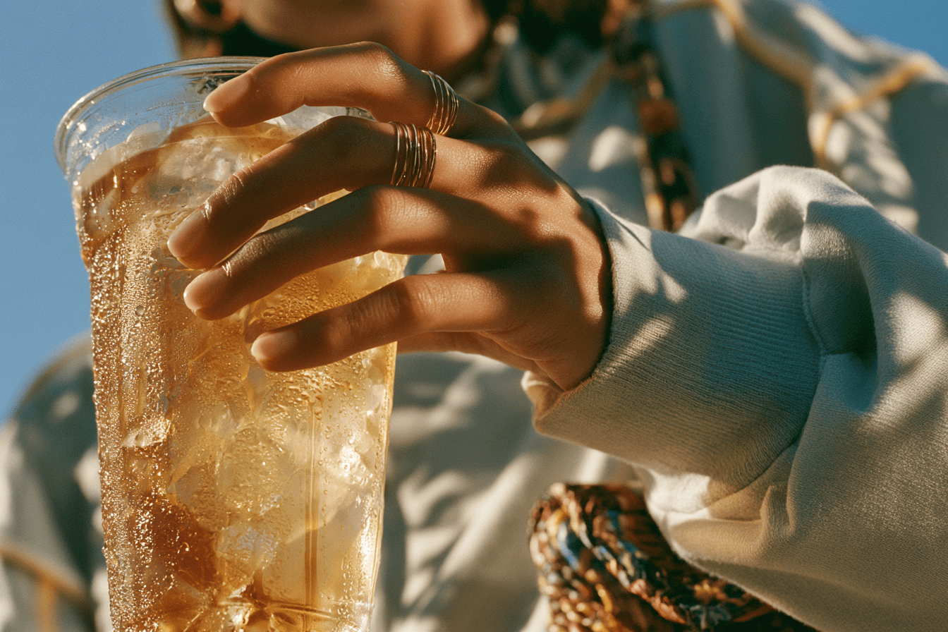 Macro. A hand holding an iced coffee with the cuff of a pale blue track top and a stack of thin gold rings in frame. Condensation on the cup, hard dappled sun.