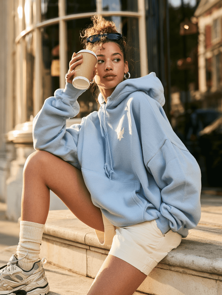 Pale blue oversized hoodie with a small cream motif and cream shorts, sitting on stone steps with a coffee in late golden light.