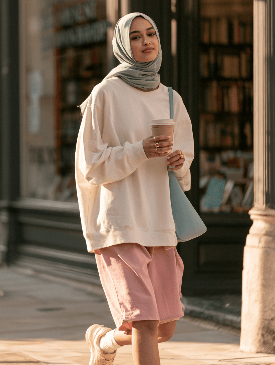 Cream oversized long-sleeve tee with a small sage motif, worn with pink wide shorts and a sage hijab, walking past a bookshop with a coffee.