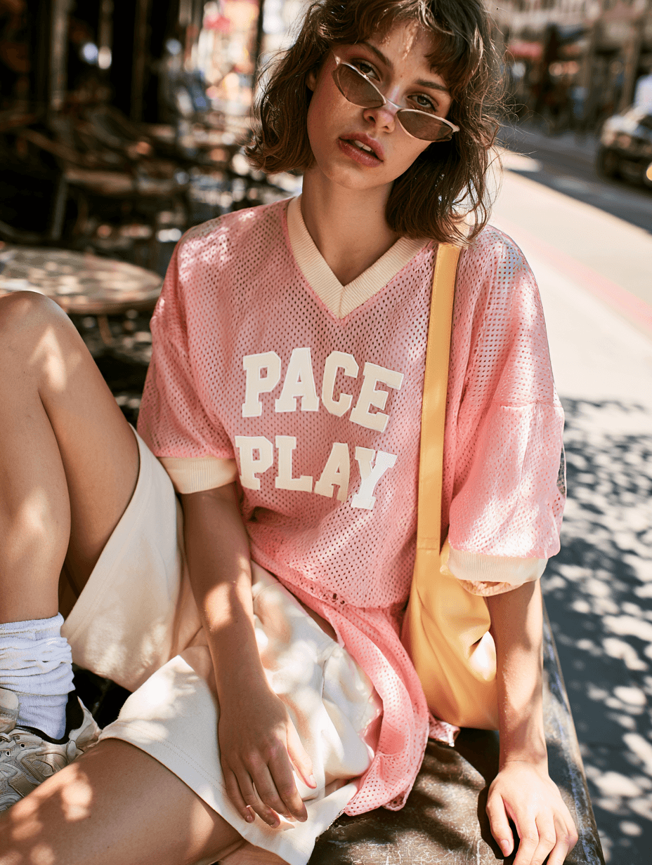 Oversized pale pink open-mesh tee layered over a cream long sleeve, seated on a café chair in hard afternoon sun, sunglasses on.