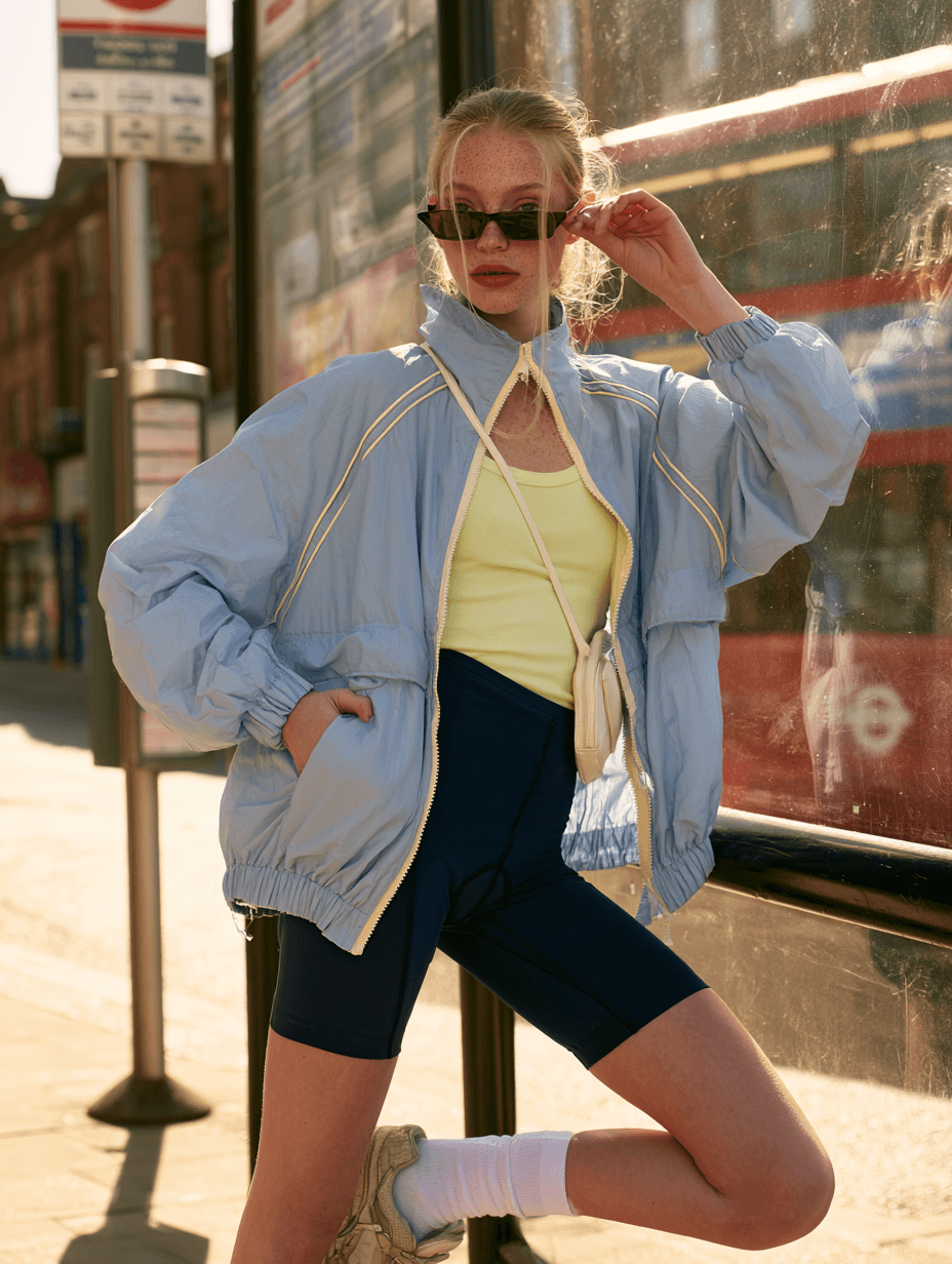 Pale blue lightweight windbreaker with cream piping over a yellow vest and navy shorts, at a London bus stop with a red bus behind.